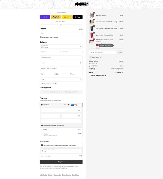 Bison Coolers checkout page showing Bison Coolers discount code box | Screenshot taken by SimplyCodes community member on Sep 2, 2025