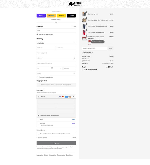 Bison Coolers checkout page showing Bison Coolers discount code box | Screenshot taken by SimplyCodes community member on Sep 2, 2025