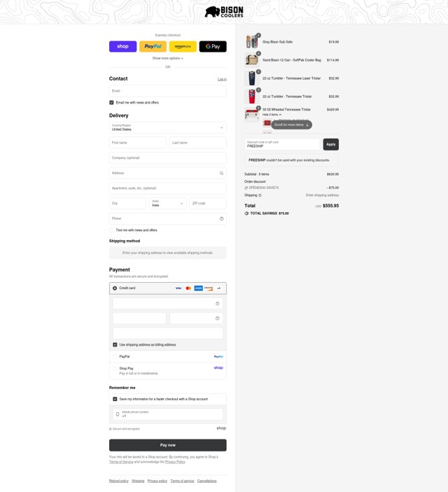 Bison Coolers checkout page showing Bison Coolers discount code box | Screenshot taken by SimplyCodes community member on Sep 2, 2025