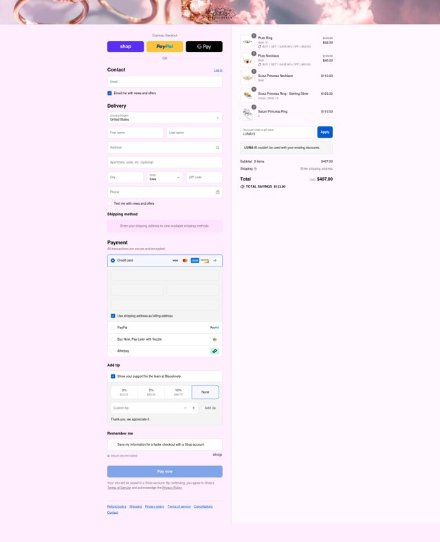 BISOULOVELY checkout page showing BISOULOVELY discount code box | Screenshot taken by SimplyCodes community member on Sep 3, 2025