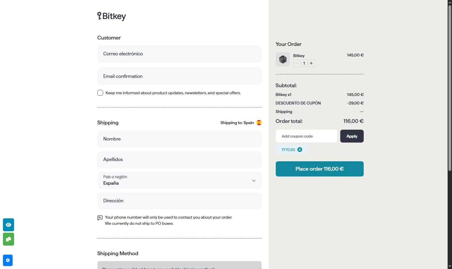 Bitkey checkout page showing Bitkey coupon code box | Screenshot taken by SimplyCodes community member on Jul 13, 2025