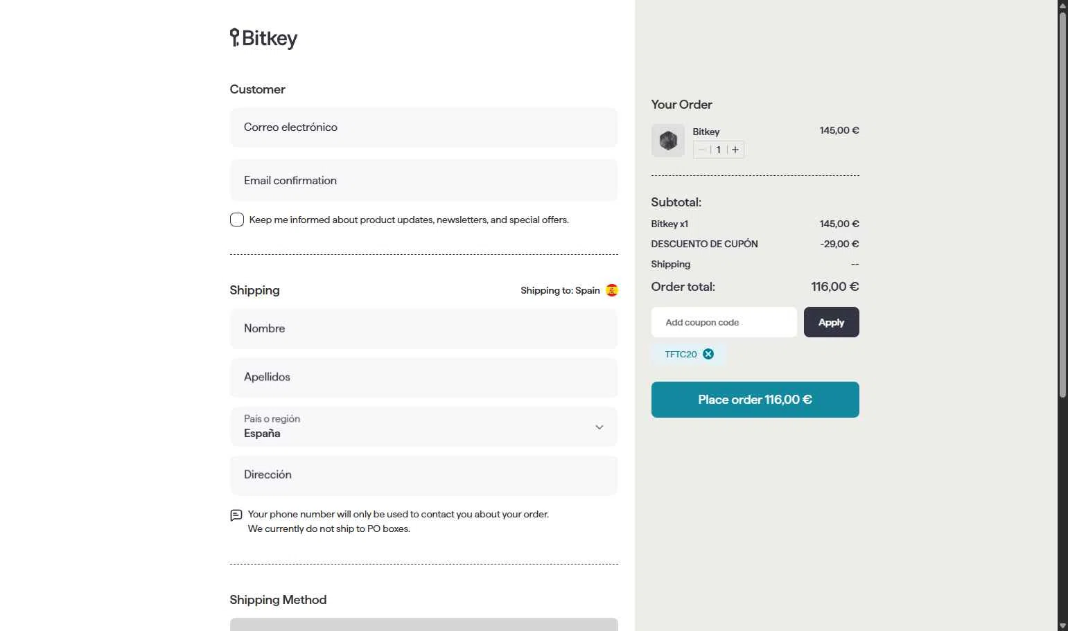 Bitkey checkout page showing Bitkey coupon code box | Screenshot taken by SimplyCodes community member on May 16, 2025