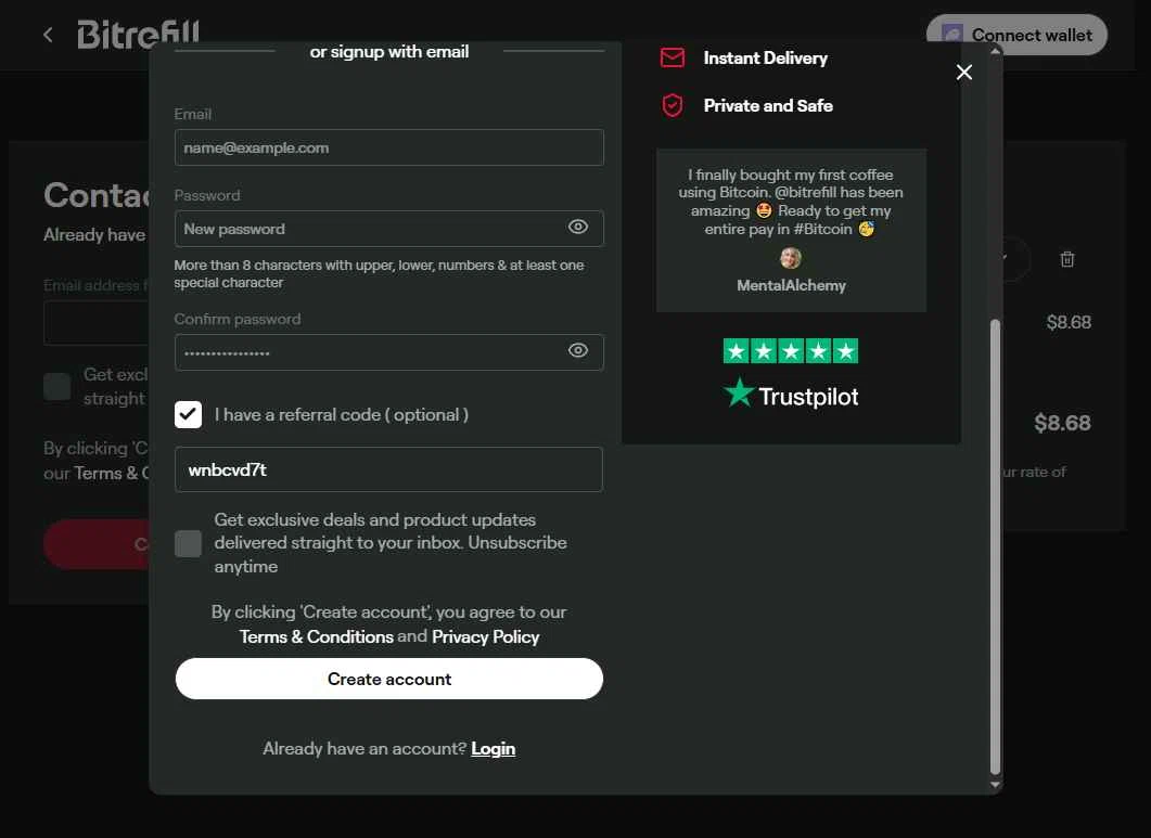 Bitrefill checkout page showing Bitrefill promo code box | Screenshot taken by SimplyCodes community member on Jul 25, 2025