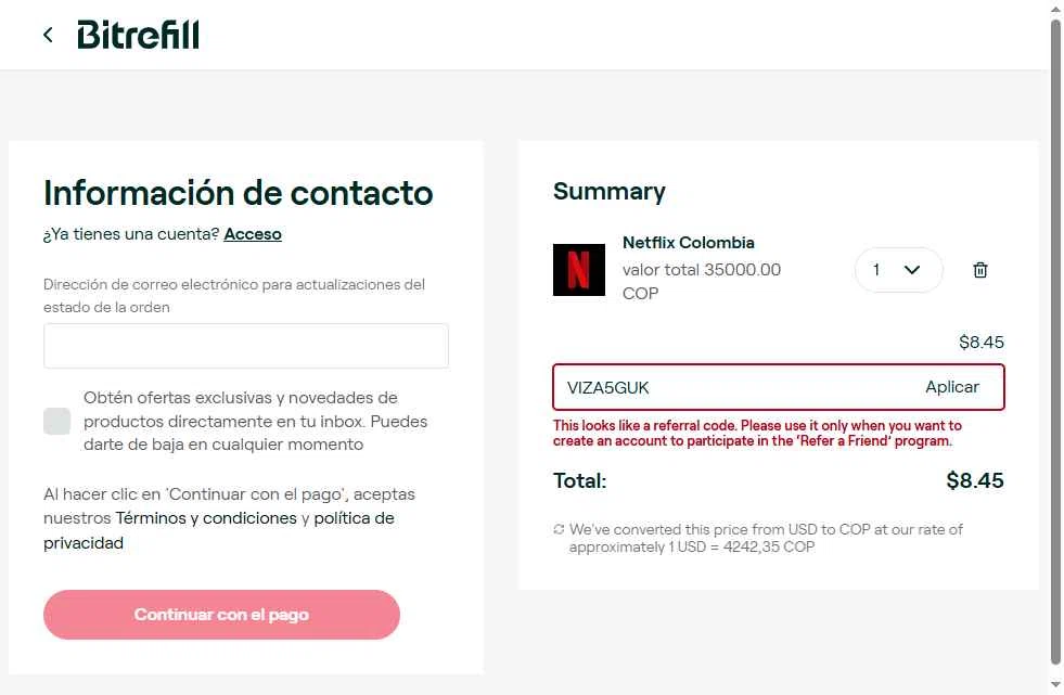 Bitrefill checkout page showing Bitrefill promo code box | Screenshot taken by SimplyCodes community member on May 2, 2025