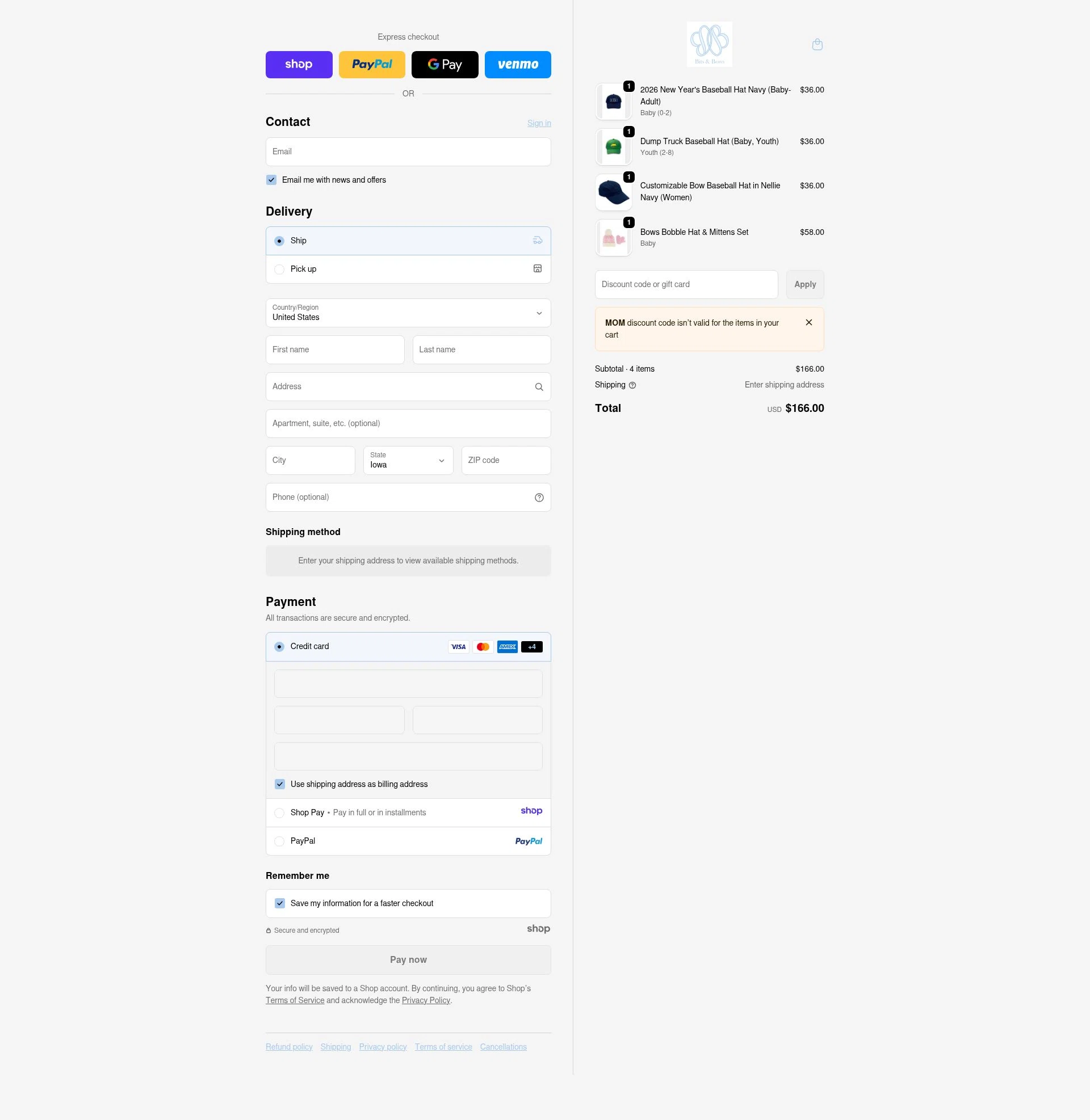 Bits & Bows checkout page showing Bits & Bows promo code box | Screenshot taken by SimplyCodes community member on Dec 28, 2025