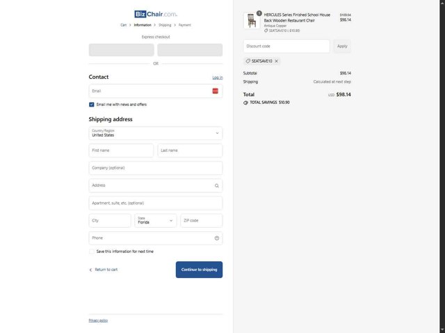 BizChair checkout page showing BizChair promo code box | Screenshot taken by SimplyCodes community member on Aug 22, 2025