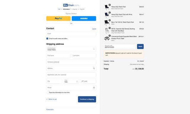BizChair checkout page showing BizChair promo code box | Screenshot taken by SimplyCodes community member on Aug 26, 2025