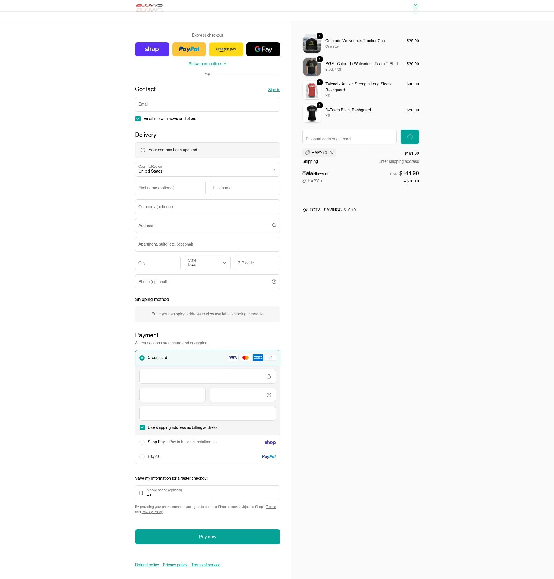 BJJ Wholesale checkout page showing BJJ Wholesale promo code box | Screenshot taken by SimplyCodes community member on Feb 11, 2026