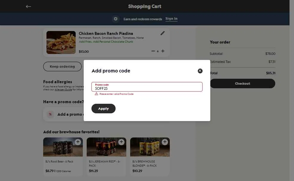 Verification screenshot for $5 Off Storewide (minimum Order $25) at BJ's Restaurant & Brewery — 11mo ago