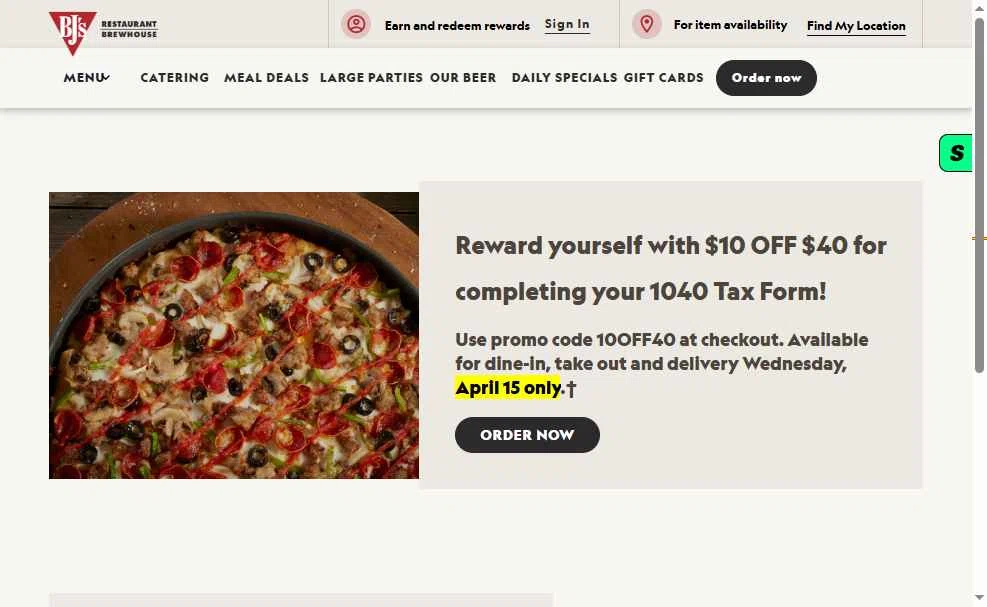 Verification screenshot for $10 Off Select Items (minimum Order $40) at BJ's Restaurant & Brewery — 45d ago