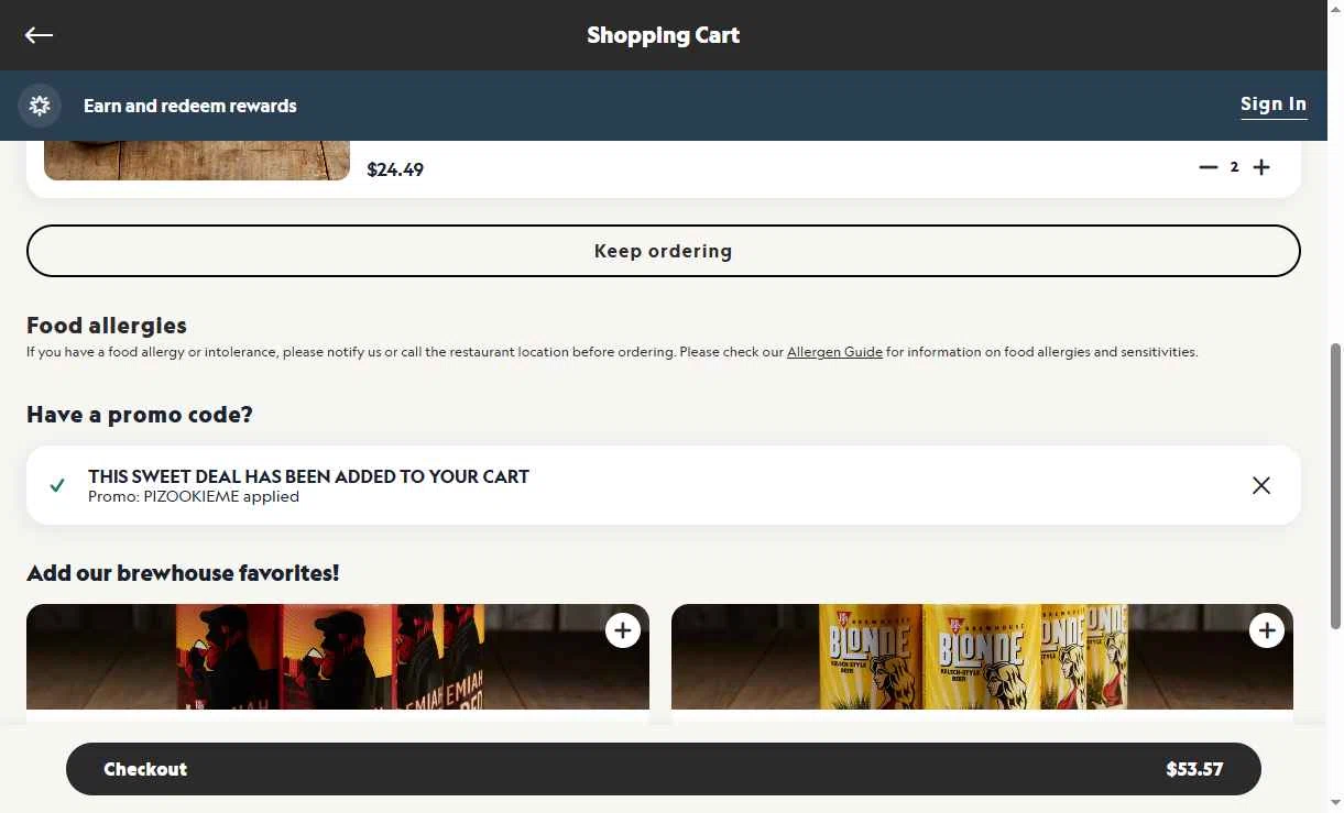Verification screenshot for Free Pizookie Storewide (minimum Order $40) (must Add 1 Pizookie Dessert) at BJ's Restaurant & Brewery — 7mo ago