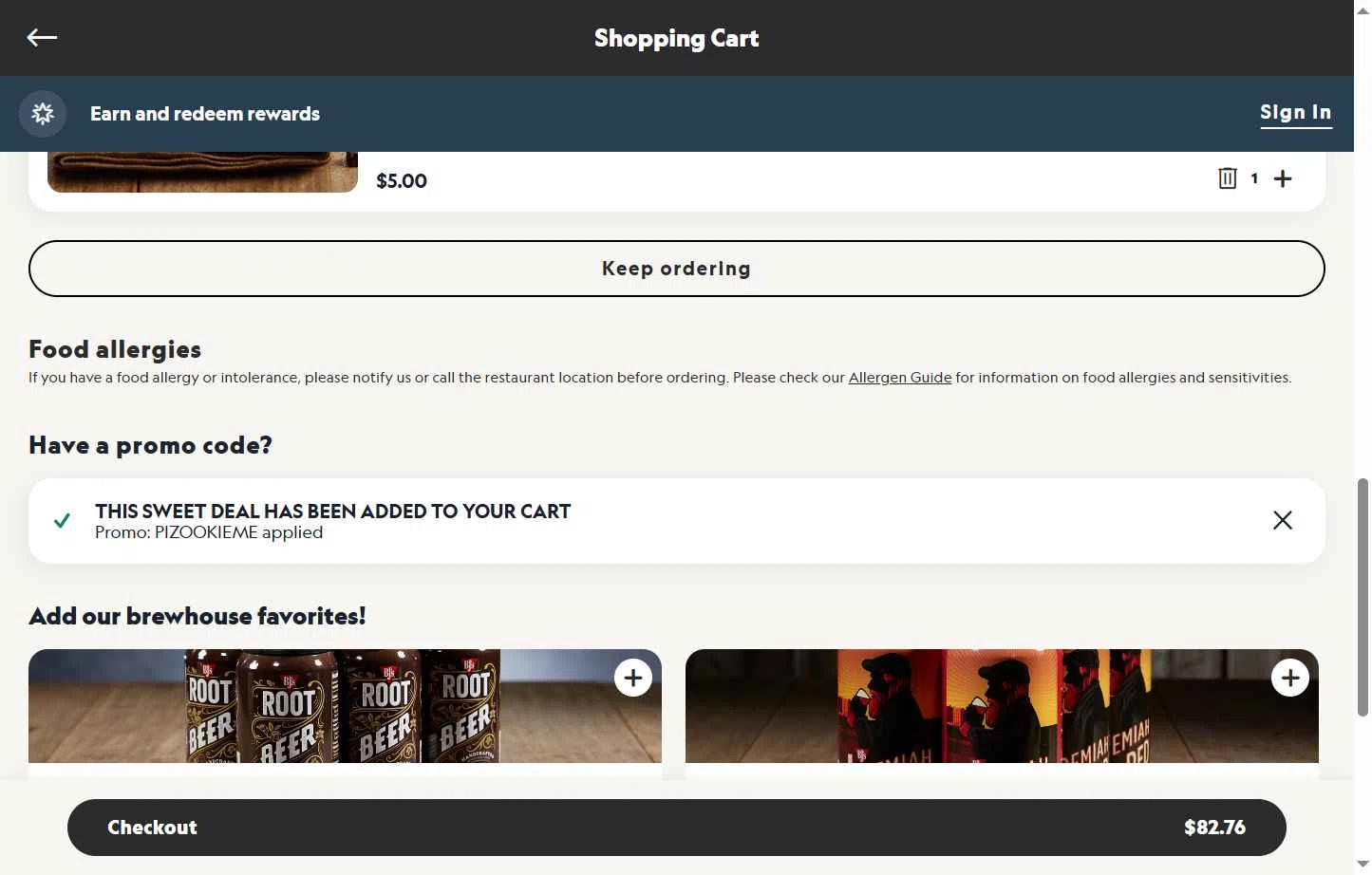 Verification screenshot for Free Pizookie Storewide (minimum Order $40) (must Add 1 Pizookie Dessert) at BJ's Restaurant & Brewery — 7mo ago