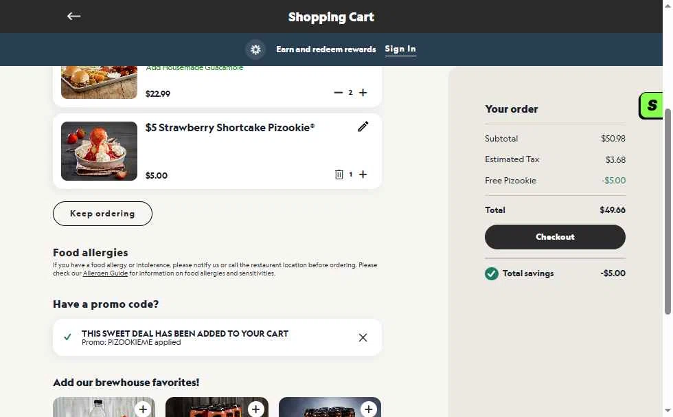 Verification screenshot for Free Pizookie Storewide (minimum Order $40) (must Add 1 Pizookie Dessert) at BJ's Restaurant & Brewery — 7mo ago