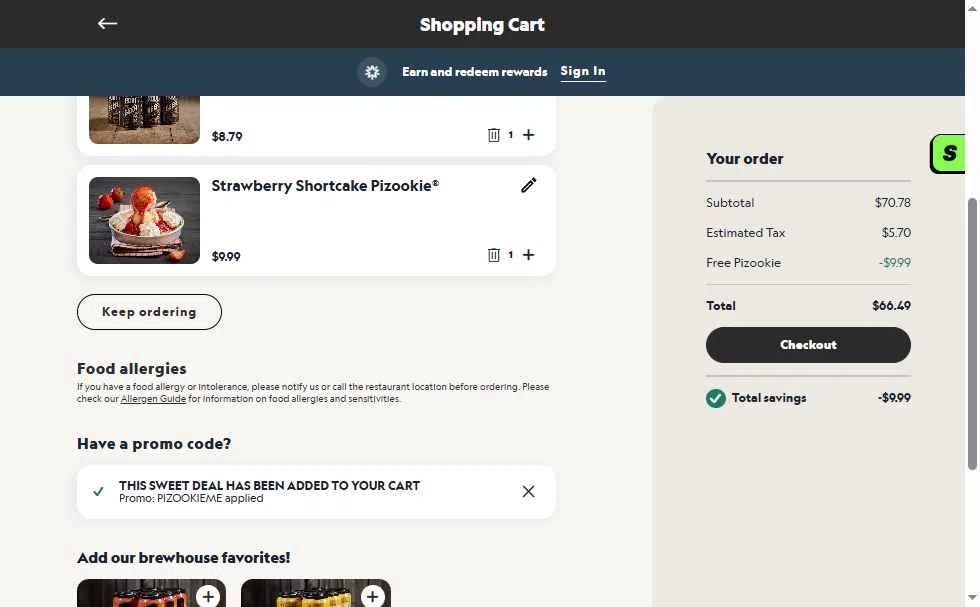 Verification screenshot for Free Pizookie Storewide (minimum Order $40) (must Add 1 Pizookie Dessert) at BJ's Restaurant & Brewery — 7mo ago