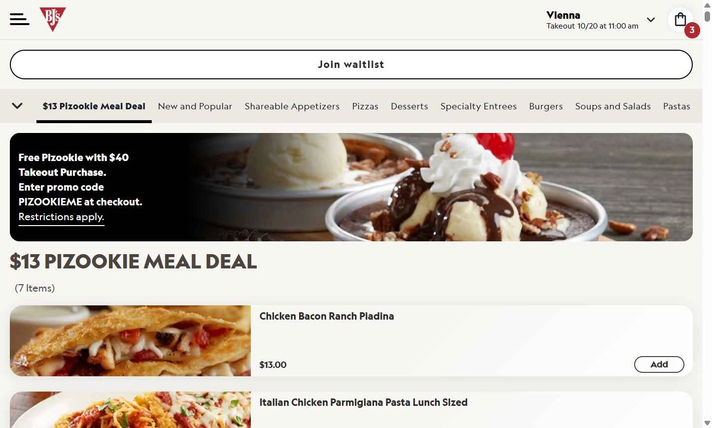 Verification screenshot for Free Pizookie Storewide (minimum Order $40) (must Add 1 Pizookie Dessert) at BJ's Restaurant & Brewery — 7mo ago