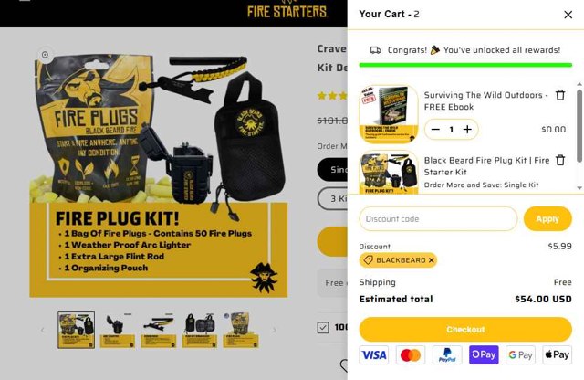 Black Beard Fire Starter checkout page showing Black Beard Fire Starter discount code box | Screenshot taken by SimplyCodes community member on Sep 8, 2025