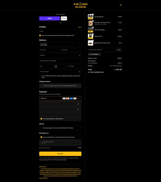 Black Beard Fire Starter checkout page showing Black Beard Fire Starter discount code box | Screenshot taken by SimplyCodes community member on Sep 6, 2025