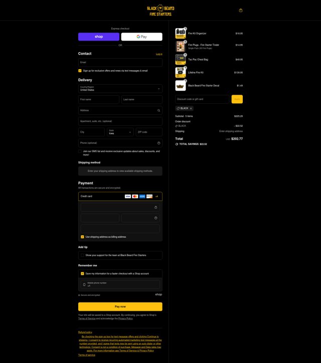 Black Beard Fire Starter checkout page showing Black Beard Fire Starter discount code box | Screenshot taken by SimplyCodes community member on Sep 6, 2025