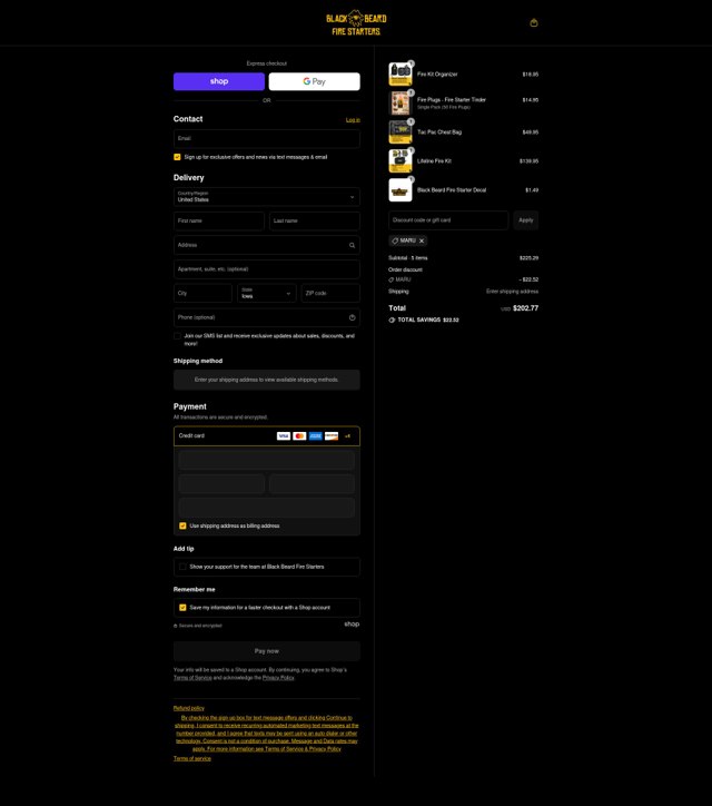 Black Beard Fire Starter checkout page showing Black Beard Fire Starter discount code box | Screenshot taken by SimplyCodes community member on Sep 6, 2025