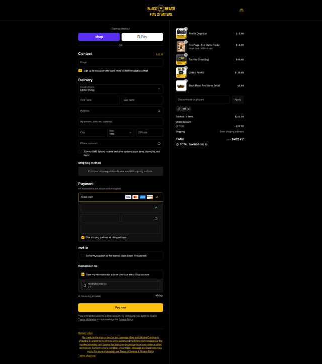 Black Beard Fire Starter checkout page showing Black Beard Fire Starter discount code box | Screenshot taken by SimplyCodes community member on Sep 6, 2025