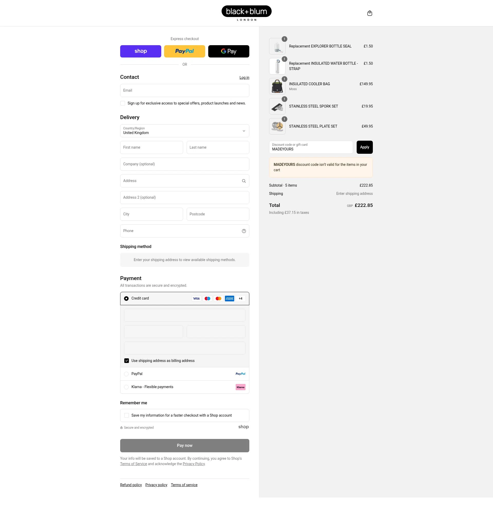 Black+Blum checkout page showing Black+Blum promo code box | Screenshot taken by SimplyCodes community member on Aug 31, 2025