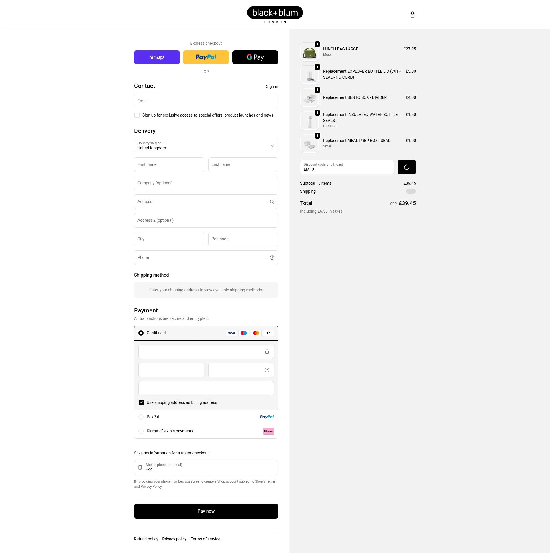 Black+Blum checkout page showing Black+Blum promo code box | Screenshot taken by SimplyCodes community member on Feb 5, 2026
