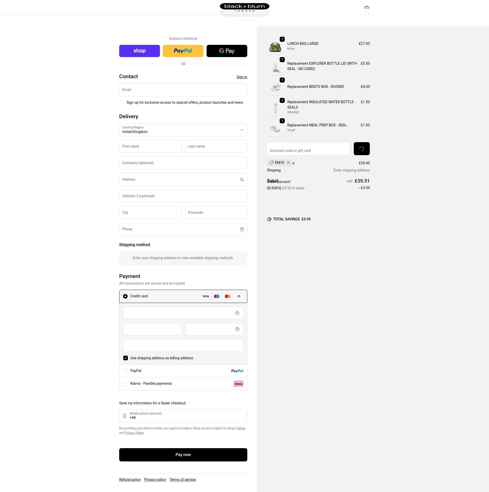 Black+Blum checkout page showing Black+Blum promo code box | Screenshot taken by SimplyCodes community member on Feb 1, 2026