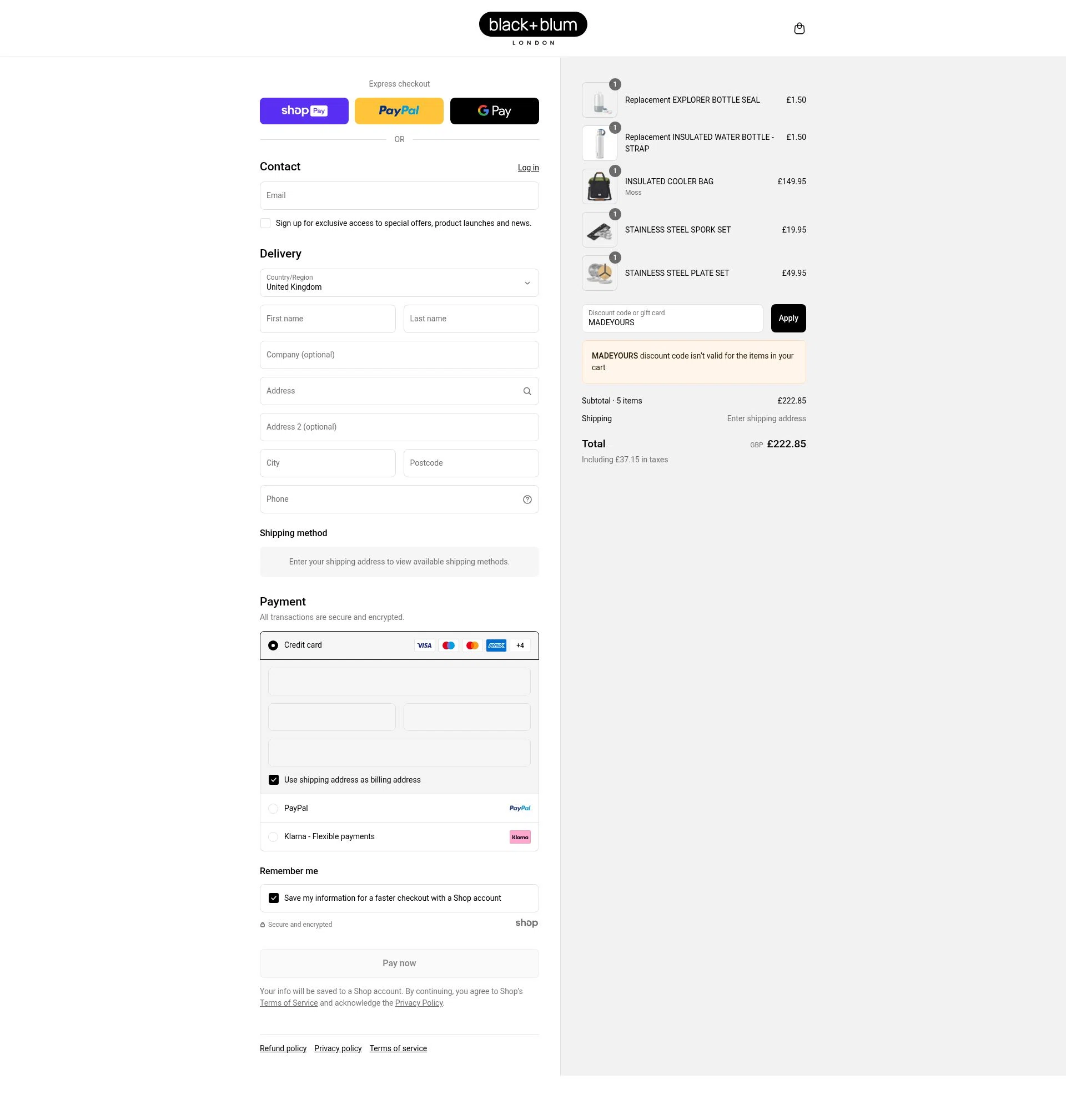 Black+Blum checkout page showing Black+Blum promo code box | Screenshot taken by SimplyCodes community member on Aug 27, 2025