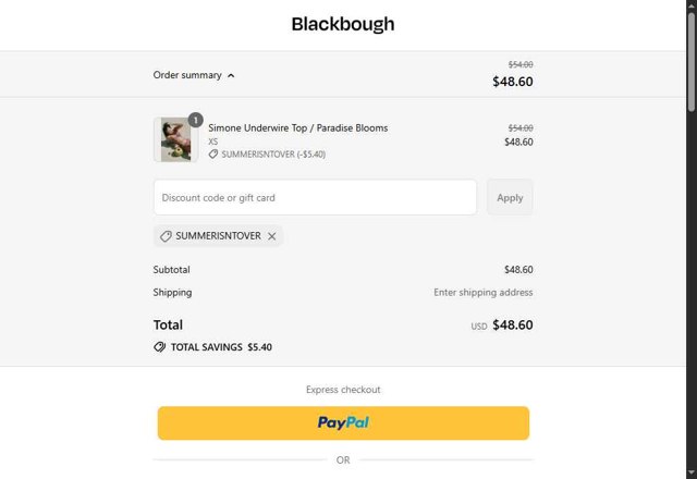 Blackbough Swim checkout page showing Blackbough Swim discount code box | Screenshot taken by SimplyCodes community member on Aug 22, 2025