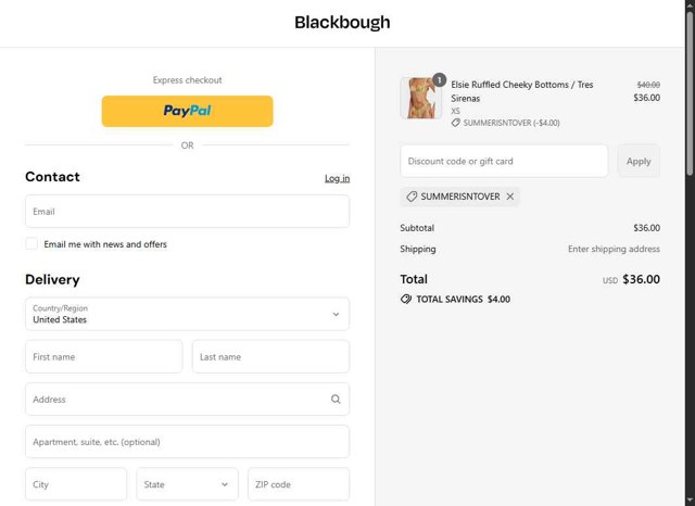Blackbough Swim checkout page showing Blackbough Swim discount code box | Screenshot taken by SimplyCodes community member on Aug 25, 2025