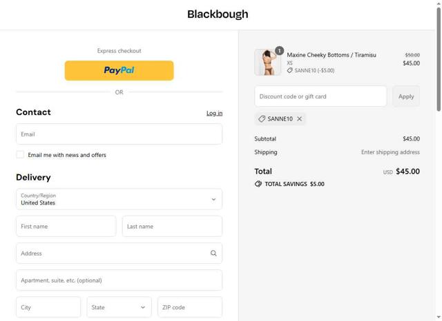 Blackbough Swim checkout page showing Blackbough Swim discount code box | Screenshot taken by SimplyCodes community member on Sep 8, 2025