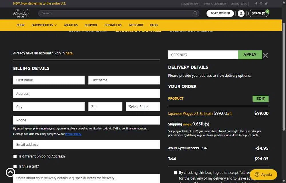 Blackbox Meats checkout page showing Blackbox Meats coupon code box | Screenshot taken by SimplyCodes community member on Nov 28, 2025