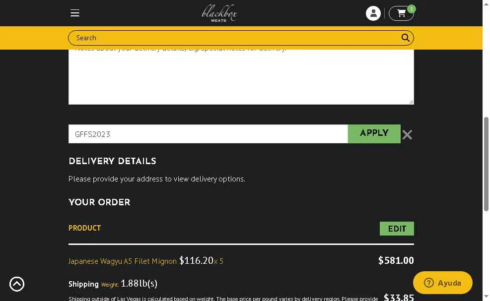 Blackbox Meats checkout page showing Blackbox Meats coupon code box | Screenshot taken by SimplyCodes community member on Nov 10, 2025