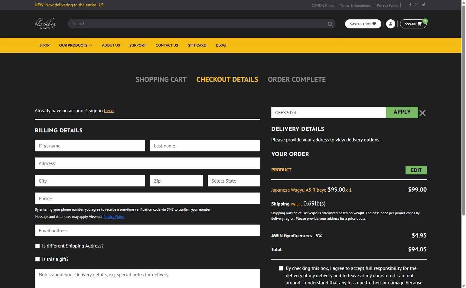 Blackbox Meats checkout page showing Blackbox Meats coupon code box | Screenshot taken by SimplyCodes community member on Nov 10, 2025