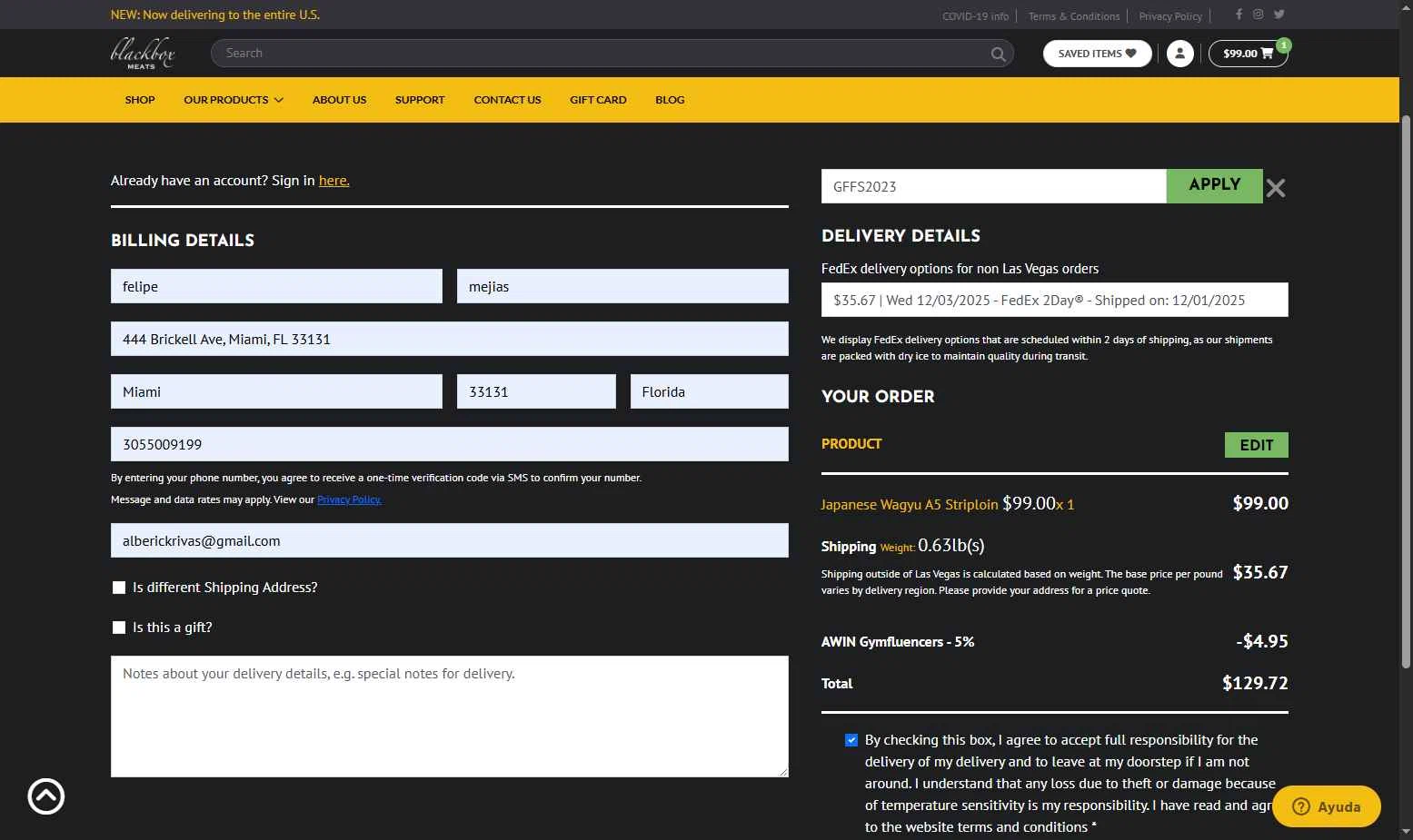 Blackbox Meats checkout page showing Blackbox Meats coupon code box | Screenshot taken by SimplyCodes community member on Nov 28, 2025