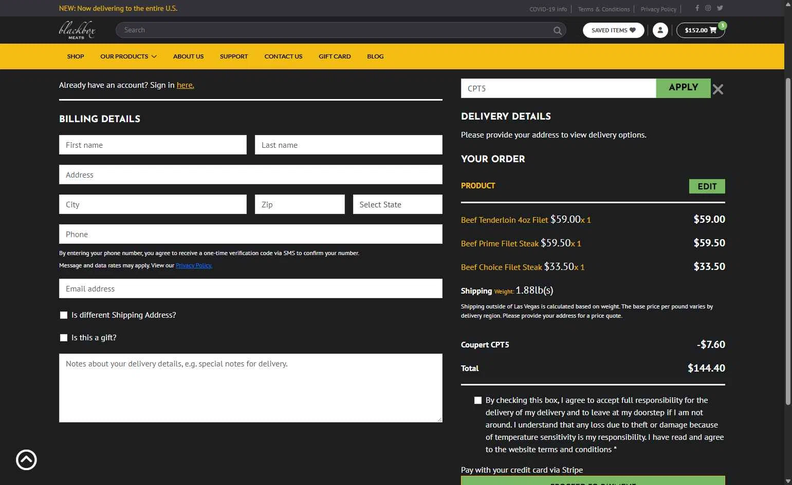 Blackbox Meats checkout page showing Blackbox Meats coupon code box | Screenshot taken by SimplyCodes community member on Nov 24, 2025