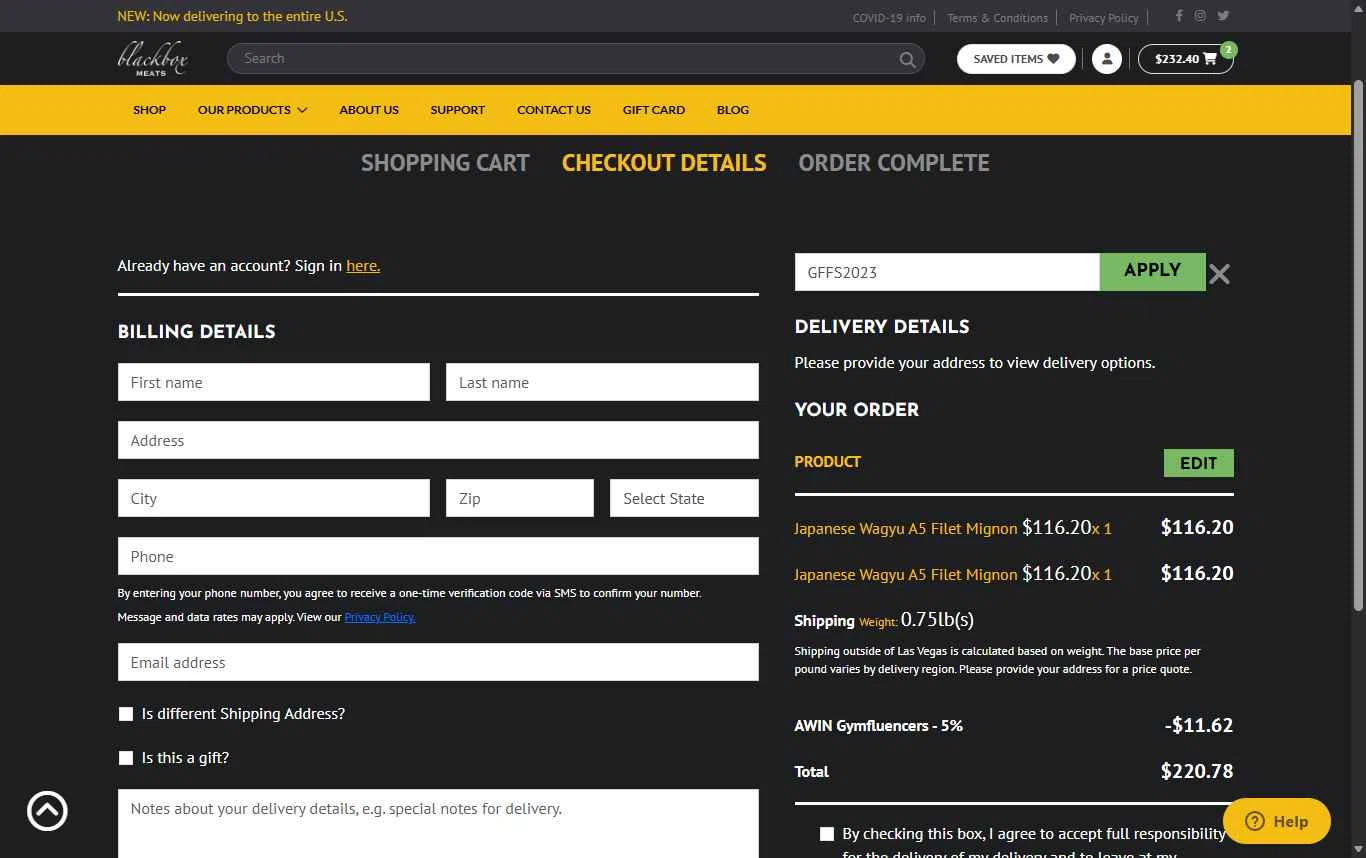 Blackbox Meats checkout page showing Blackbox Meats coupon code box | Screenshot taken by SimplyCodes community member on Dec 10, 2025