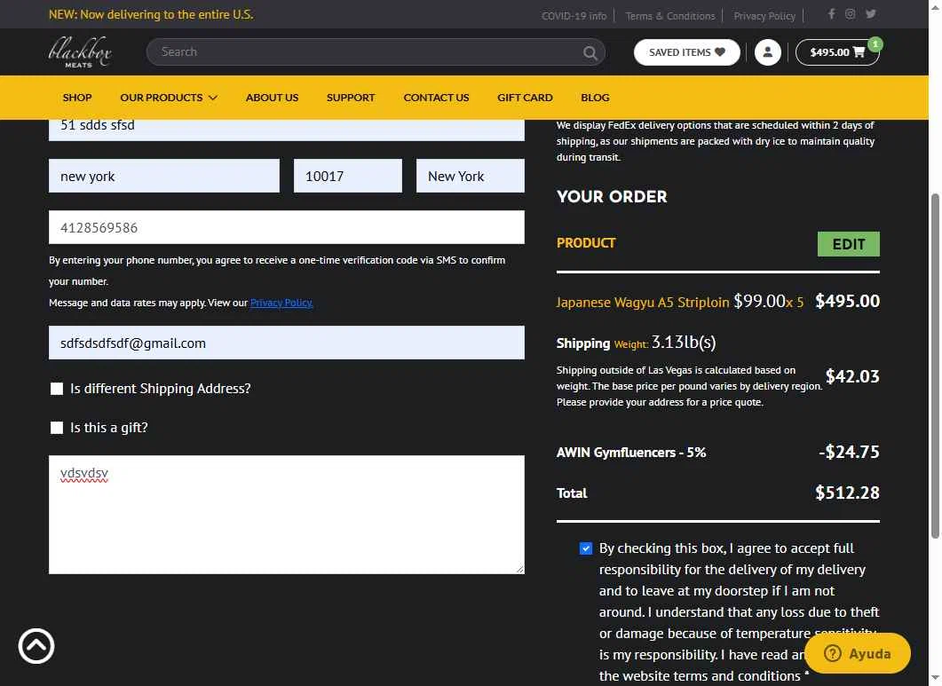 Blackbox Meats checkout page showing Blackbox Meats coupon code box | Screenshot taken by SimplyCodes community member on Dec 22, 2025