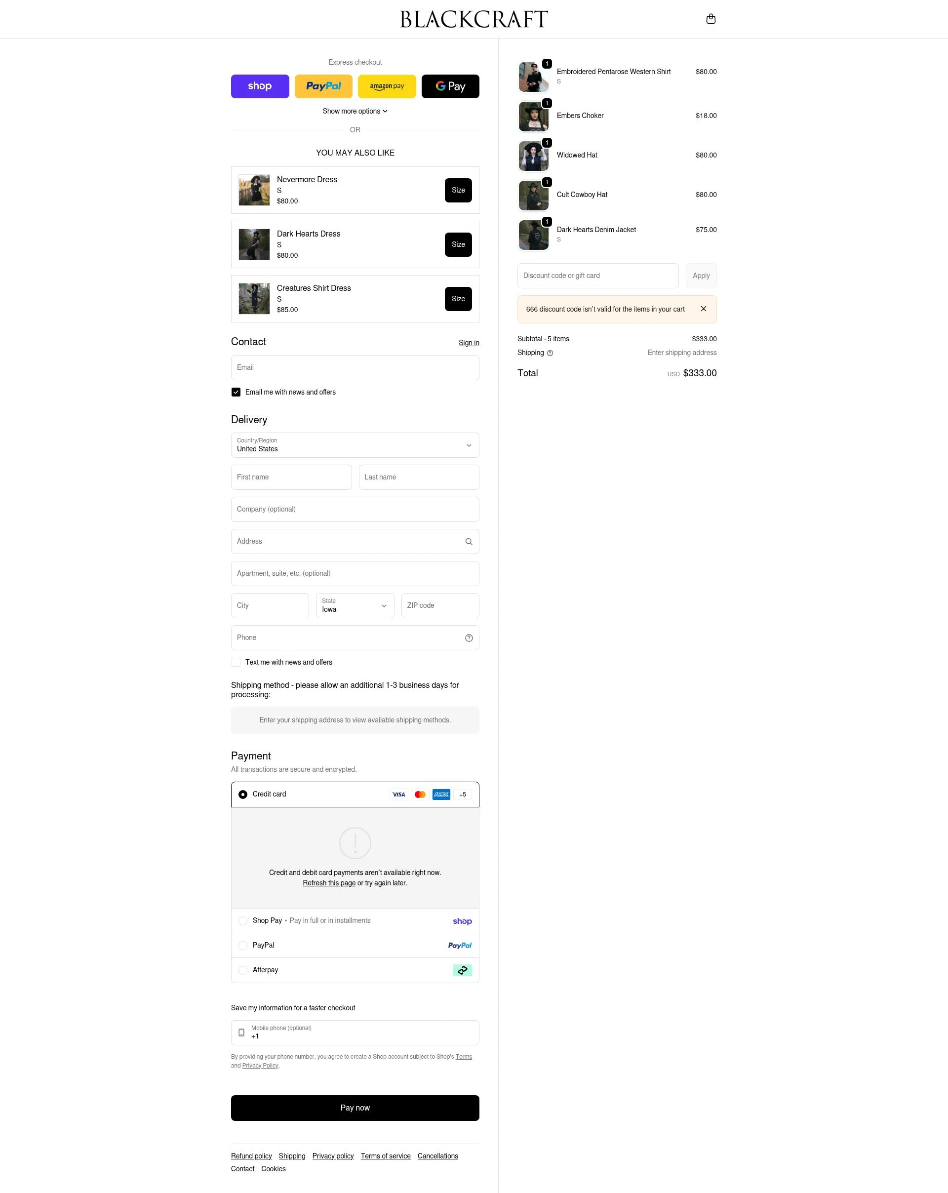 Blackcraft Cult checkout page showing Blackcraft Cult discount code box | Screenshot taken by SimplyCodes community member on Feb 18, 2026