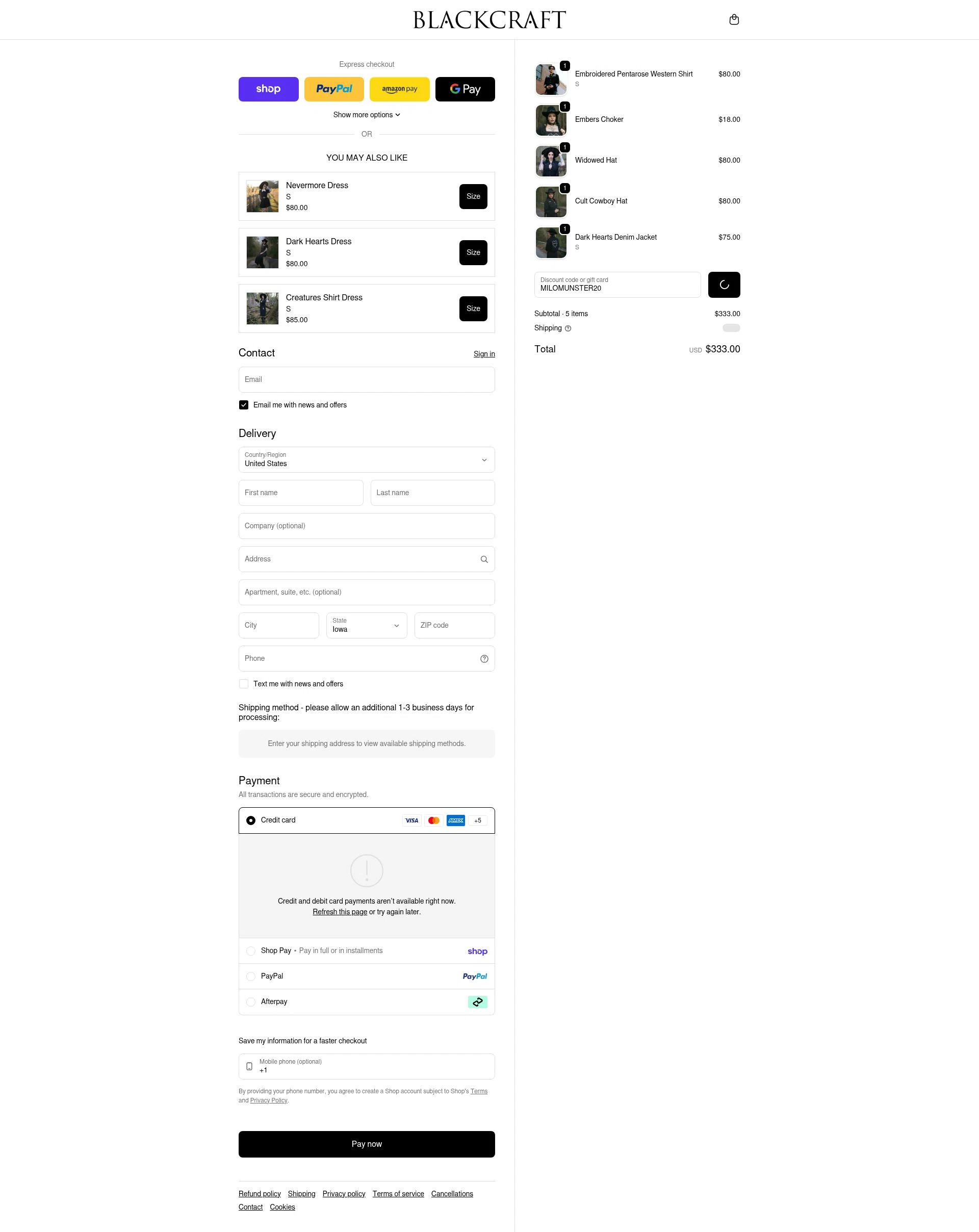 Blackcraft Cult checkout page showing Blackcraft Cult discount code box | Screenshot taken by SimplyCodes community member on Feb 18, 2026