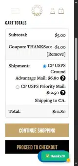 thanks20 coupon verification screenshot