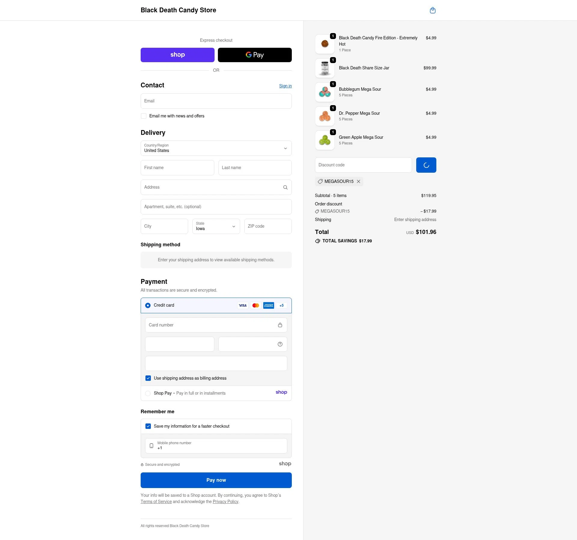 Black Death Candy checkout page showing Black Death Candy discount code box | Screenshot taken by SimplyCodes community member on Dec 29, 2025