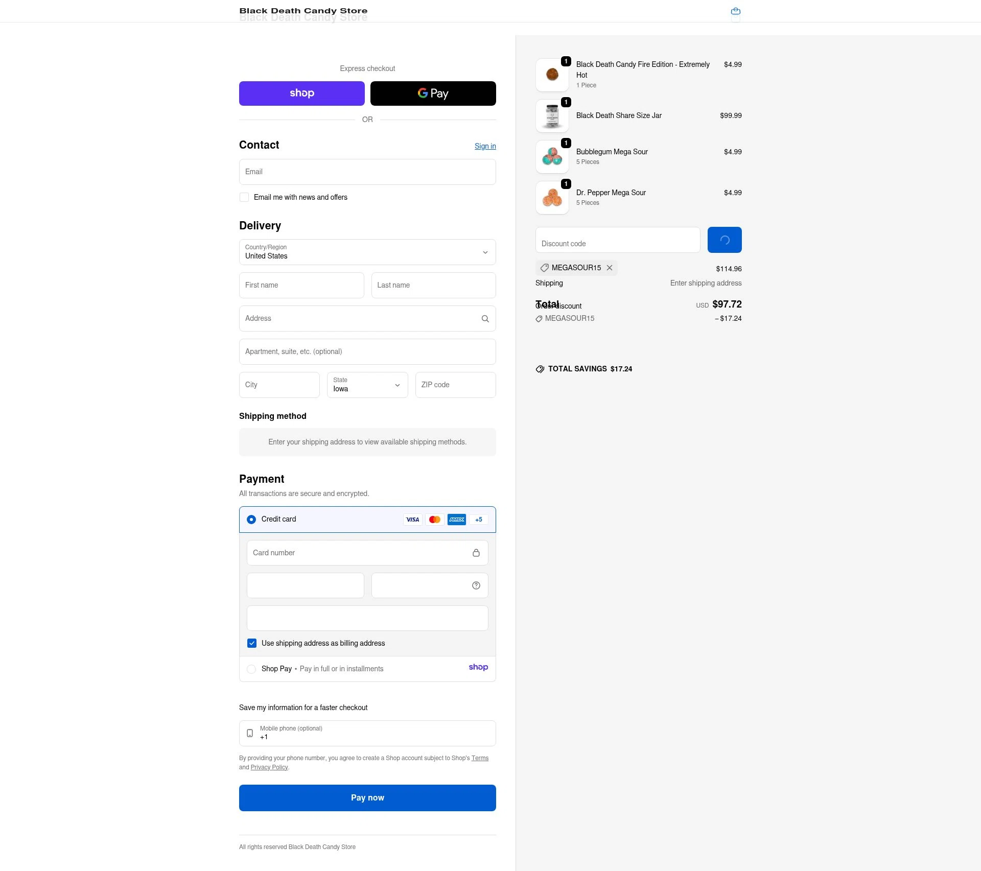 Black Death Candy checkout page showing Black Death Candy discount code box | Screenshot taken by SimplyCodes community member on Jan 13, 2026