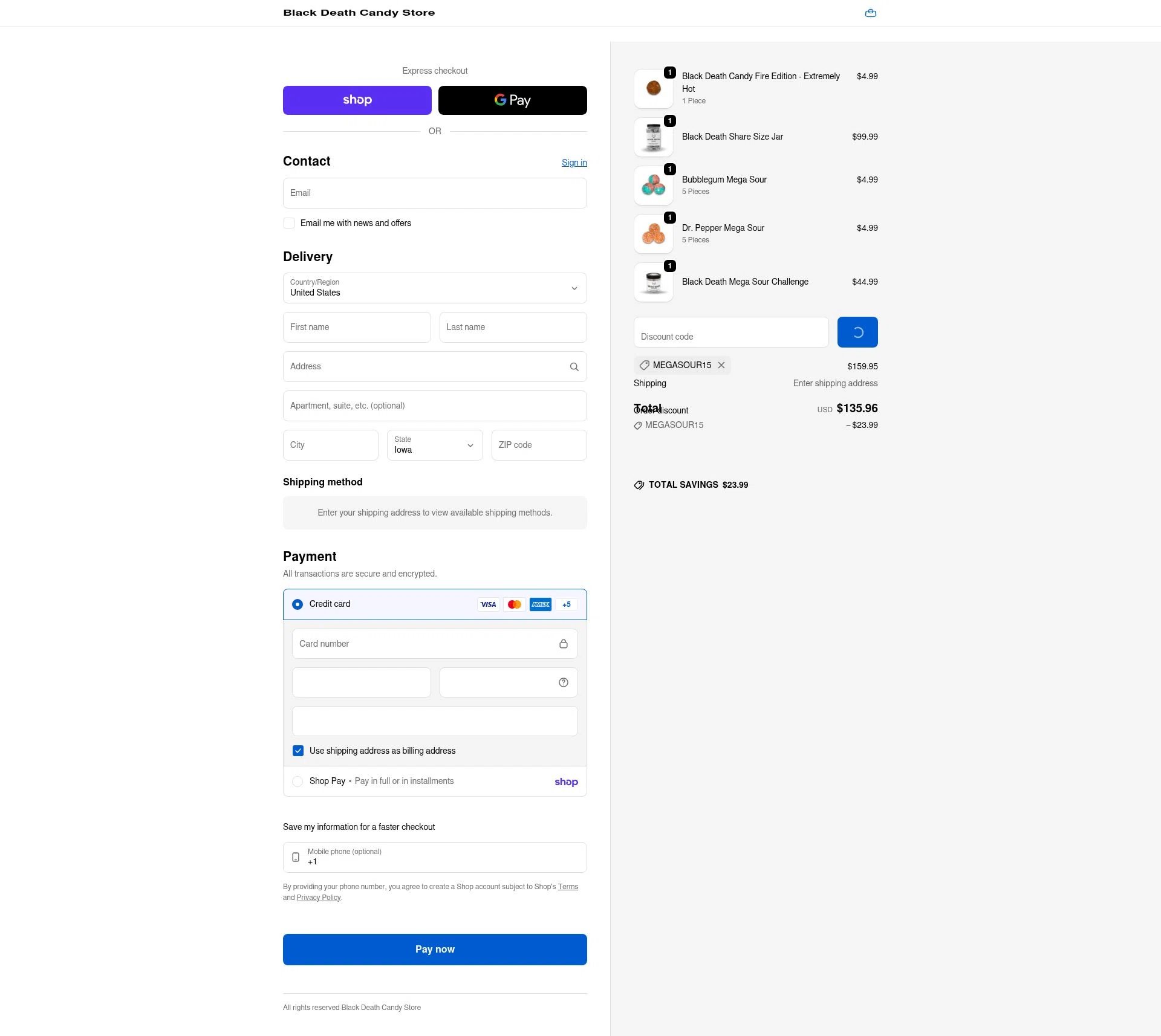 Black Death Candy checkout page showing Black Death Candy discount code box | Screenshot taken by SimplyCodes community member on Feb 5, 2026
