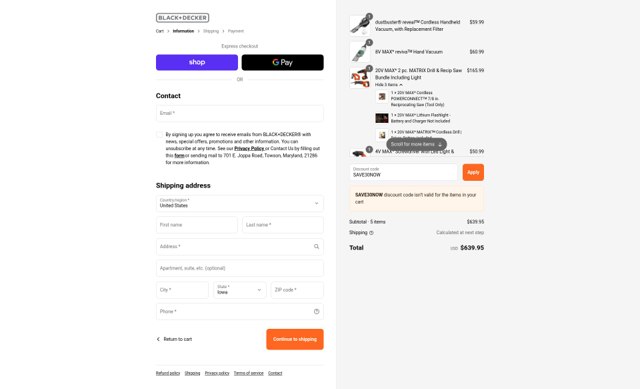 Black & Decker checkout page showing Black & Decker discount code box | Screenshot taken by SimplyCodes community member on Sep 6, 2025
