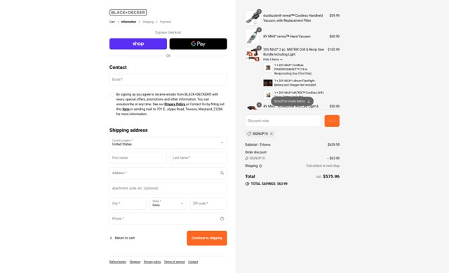 Black & Decker checkout page showing Black & Decker discount code box | Screenshot taken by SimplyCodes community member on Sep 6, 2025
