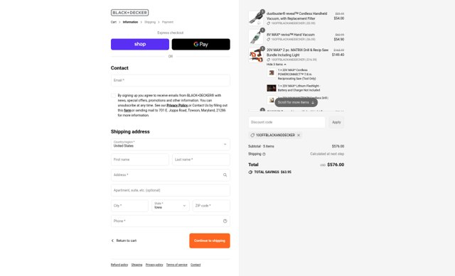 Black & Decker checkout page showing Black & Decker discount code box | Screenshot taken by SimplyCodes community member on Sep 6, 2025