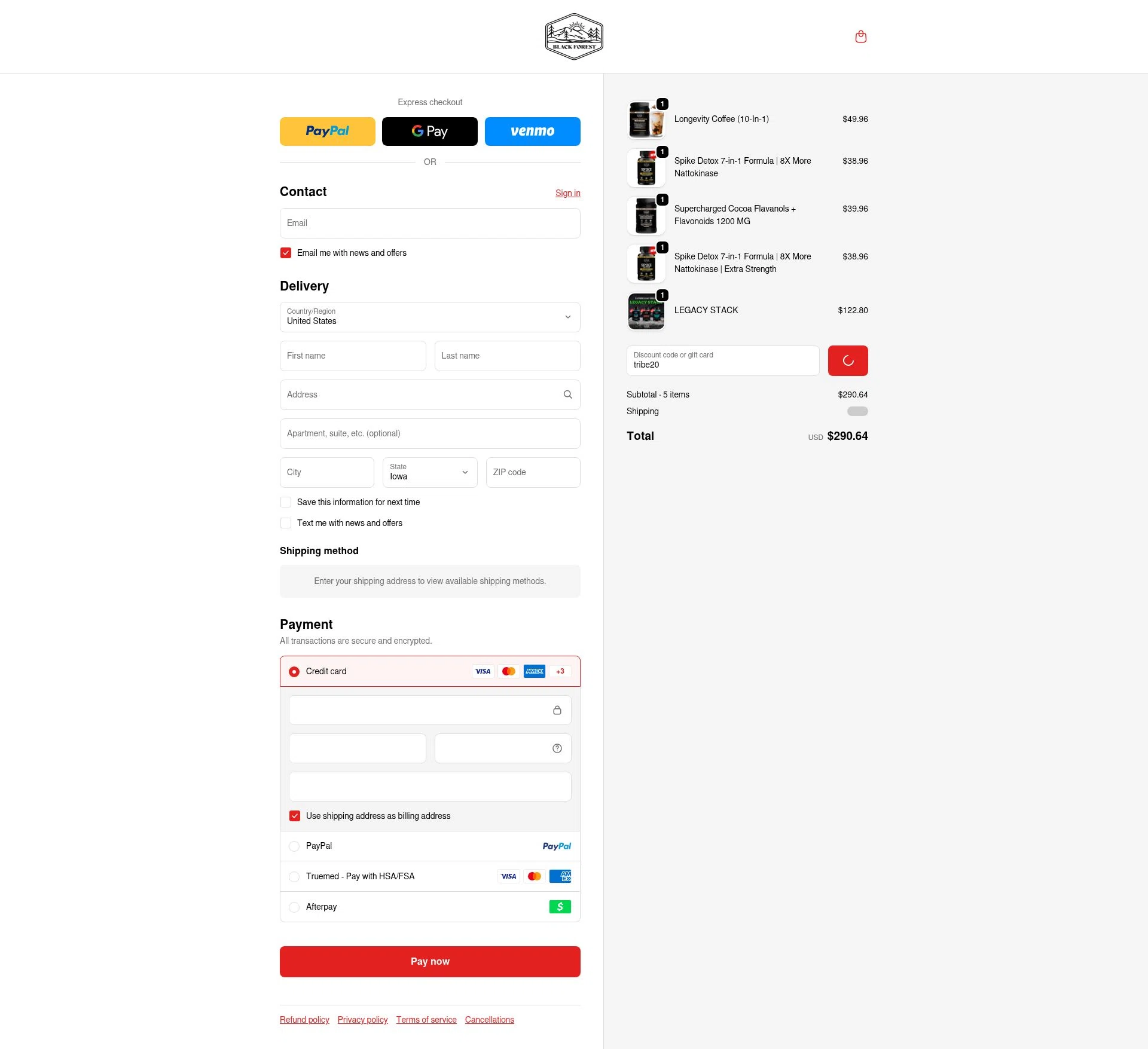 Black Forest checkout page showing Black Forest coupon code box | Screenshot taken by SimplyCodes community member on Feb 6, 2026