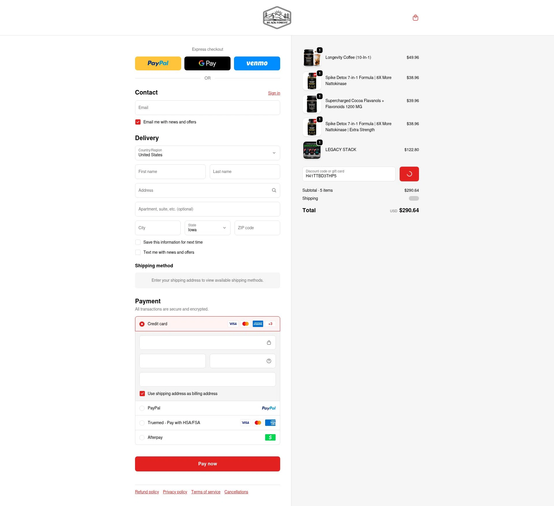 Black Forest checkout page showing Black Forest coupon code box | Screenshot taken by SimplyCodes community member on Feb 10, 2026