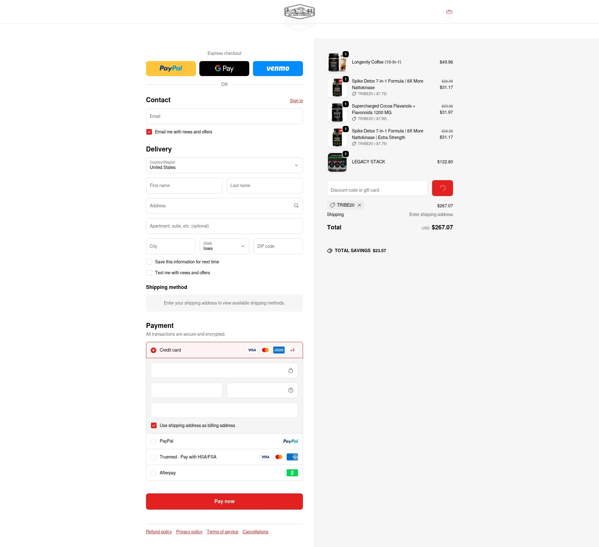 Black Forest checkout page showing Black Forest coupon code box | Screenshot taken by SimplyCodes community member on Feb 1, 2026